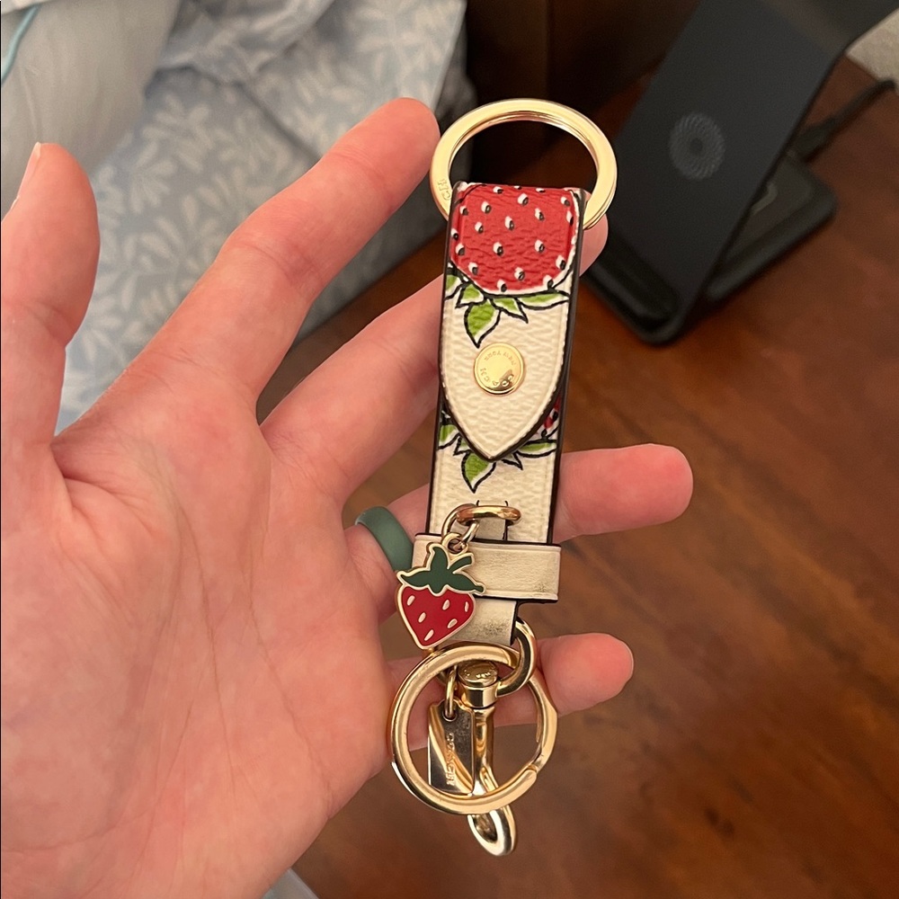 Coach Strawberry Print Leather Keychain in Red, Cream & Green with Gold Hardware
